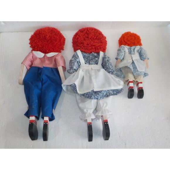Vintage Set of 3 Raggedy Ann Andy Wooden Dolls Folk Art Posable Shelf Sitters - Picture 6 of 8